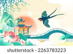 Swallows fly in the sky in spring with mountains and plants in the background, vector illustration