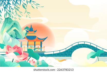 Swallows fly in the sky in spring with mountains and plants in the background, vector illustration