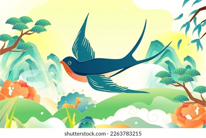 Swallows fly in the sky in spring with mountains and plants in the background, vector illustration