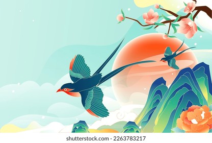 Swallows fly in the sky in spring with mountains and plants in the background, vector illustration