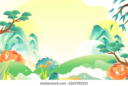 Swallows fly in the sky in spring with mountains and plants in the background, vector illustration