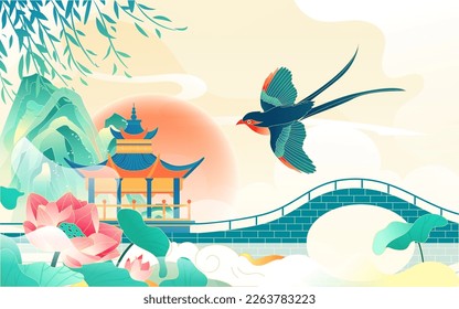 Swallows fly in the sky in spring with mountains and plants in the background, vector illustration