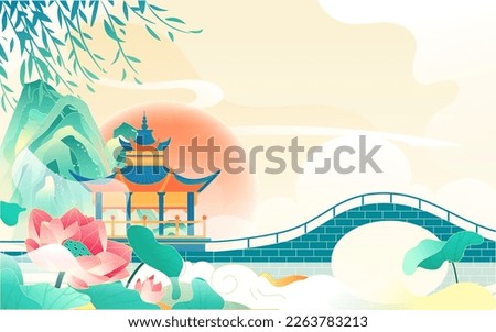 Swallows fly in the sky in spring with mountains and plants in the background, vector illustration