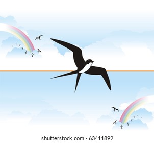 Swallows flying above the clouds and a rainbow. Set with two separated versions of the same composition with inverted gradients and position. Bird magnified to see more details.