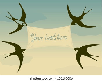  Swallows, Flying Across The Sky In The Background Of Clouds And Holding In Its Beak A Banner.Vector Illustration Background For Text.