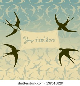  Swallows, flying across the sky in the background of clouds and holding in its beak a banner.Vector illustration background for text. Plus seamless pattern