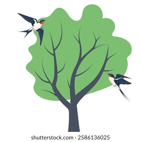 Swallows flying around a green tree in a serene natural setting during daytime