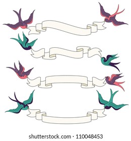 Swallows Flying with Banners Vector Set