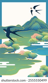 Swallows Flying Landscape Chinese Poster