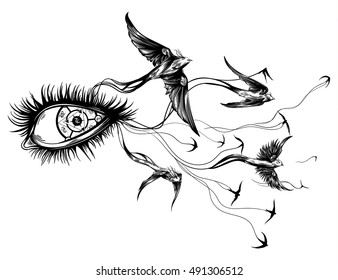 swallows flying out of his eyes, the characters do not matter, it's just squiggles