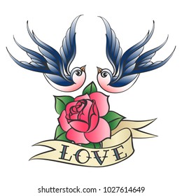 Swallows flying over rose flower and ribbon with lettering Love. Vector illustration in tattoo style.