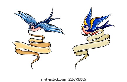 Swallows flying with ribbon set. Birds with blank banner. Old school traditional tattoo hand drawn vector illustration