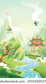 swallows flying in the sky ancient building scenery china poster