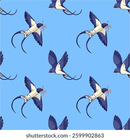 Swallows flying in the sky. Birds seamless pattern