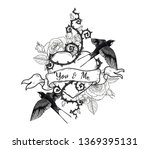 swallows with heart vector tattoo by hand drawing.Beautiful bird on rose background.Black and white graphics design art highly detailed in line art style.Swallows for tattoo or wallpaper.