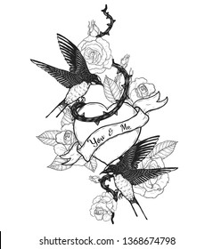 swallows with heart vector tattoo by hand drawing.Beautiful bird on rose background.Black and white graphics design art highly detailed in line art style.Swallows for tattoo or wallpaper.