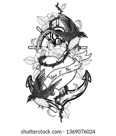 swallows with heart vector tattoo by hand drawing.Beautiful bird on rose background.Black and white graphics design art highly detailed in line art style.Swallows for tattoo or wallpaper.
