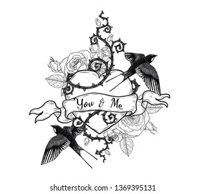 swallows with heart vector tattoo by hand drawing.Beautiful bird on rose background.Black and white graphics design art highly detailed in line art style.Swallows for tattoo or wallpaper.
