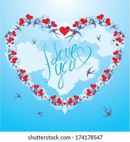 Swallows and hearts on sky background with clouds, calligraphic text I LOVE YOU - Valentine`s Day or Wedding card design
