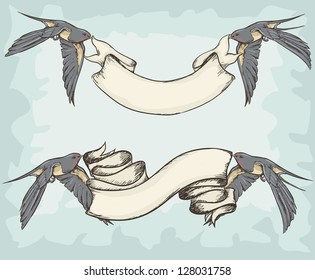 Swallows holding ribbons, Birds with banners, hand drawn