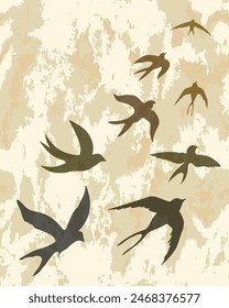 Swallows. Indoor poster. Black and brown silhouette on beige watercolor background. Silhouette of a swarm of swallows. Contours of flying birds. Flying swallows. Vector illustration for printing.