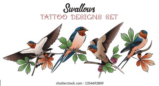 Swallows and Leaves Tattoo Design Style Original Birds Stickers
