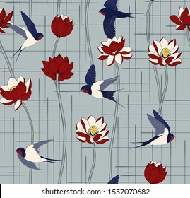 Golondrinas y flores de loto sin patrón. Impresión para tela, Fondo de pantalla y decoración. Pájaros y adornos de flores.