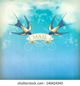 Swallows mail vintage postcard. Free flying birds (swallows) with decorative banner, text Mail on a blue sky nature background with white clouds, subtle grunge texture, blurs