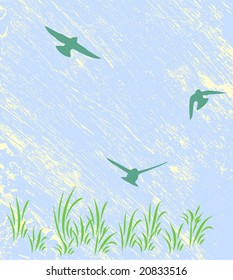 Swallows in a Meadow with Blue Grunge Sky Illustration