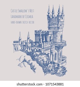 Swallow's Nest castle over the Black Sea in Crimea, Russia. Landmark of Crimea. Beautiful antique castle, drawing by hand.