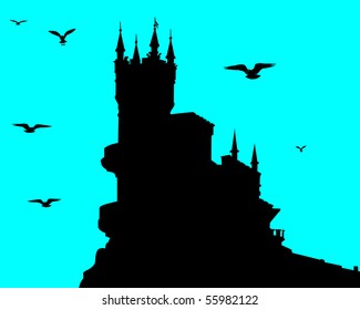 Swallow's nest in Crimea on a blue background