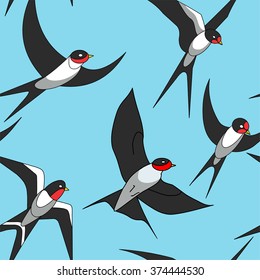 swallows on blue background. Vector seamless pattern