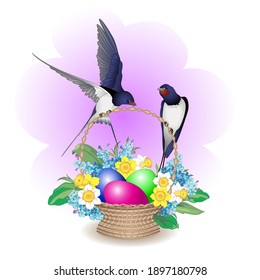 swallows on an Easter basket with Easter eggs, daffodils and forget-me-nots