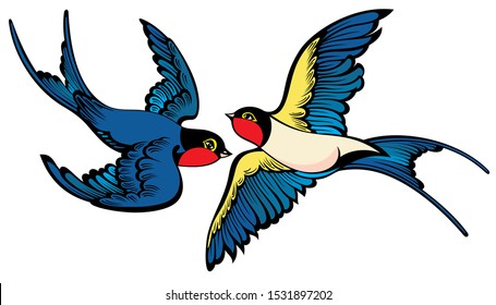 Swallows on white background .Flying swallows in cartoon style