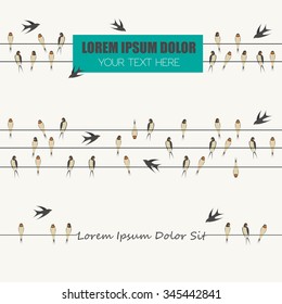 Swallows on wires graphic template set.  With place for text. Vector illustration