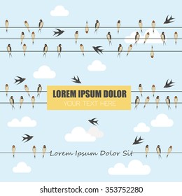 Swallows on wires graphic template set.  With place for text. Vector illustration