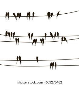 Swallows on wires, vector hand drawn silhouettes of birds