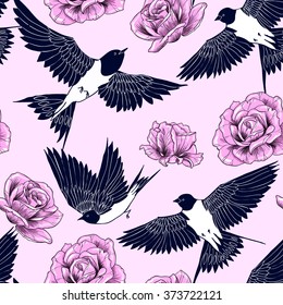 Swallows and pink roses on a pink background. Vector seamless pattern 