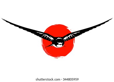 Swallows at red sun silhouette. Vector illustration