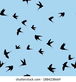 Swallows seamless pattern. Black silhouettes of birds on a blue background.