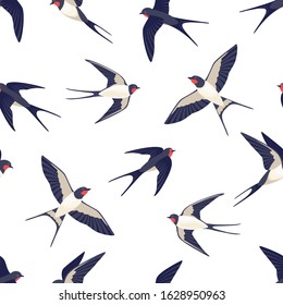Swallows seamless pattern. Vector flying bird swallows isolated on white background. Illustration in cartoon flat style.