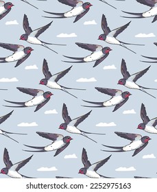 Swallows seamless pattern. Vector flying bird swallows and clouds on blue background. Spring background with swallows in the sky, ornament for wallpaper and fabric, wrapping paper