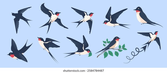 Swallows soaring through the sky symbolizing the joy of spring and the beauty of migration in flat design