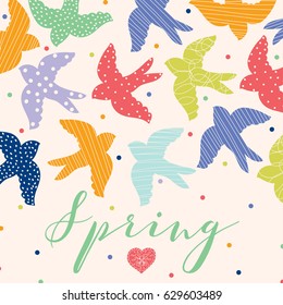 Swallows, spring and heart. Vector greeting card.