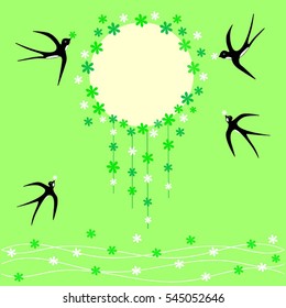 Swallows spring on a green background