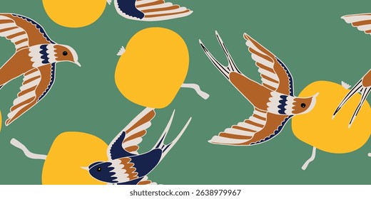 Swallows and yellow fruit illustration in a flat retro style on green