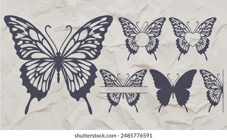 Swallowtail butterfly set. Collection of butterfly monogram frames and silhouettes. Vector illustration. 