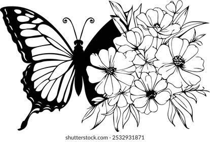 Swallowtail Butterfly Silhouette - Butterfly Silhouette with flowers, floral bouquet, floral management design, logo, art, silhouette, print	
