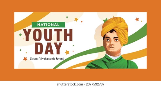 Swami Vivekananda great Indian philosopher. Tricolor flag and typography text