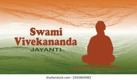  A Swami Vivekananda Jayanti design featuring the silhouette of Swami Vivekananda meditating against the Indian tricolor background, symbolizing his teachings and legacy